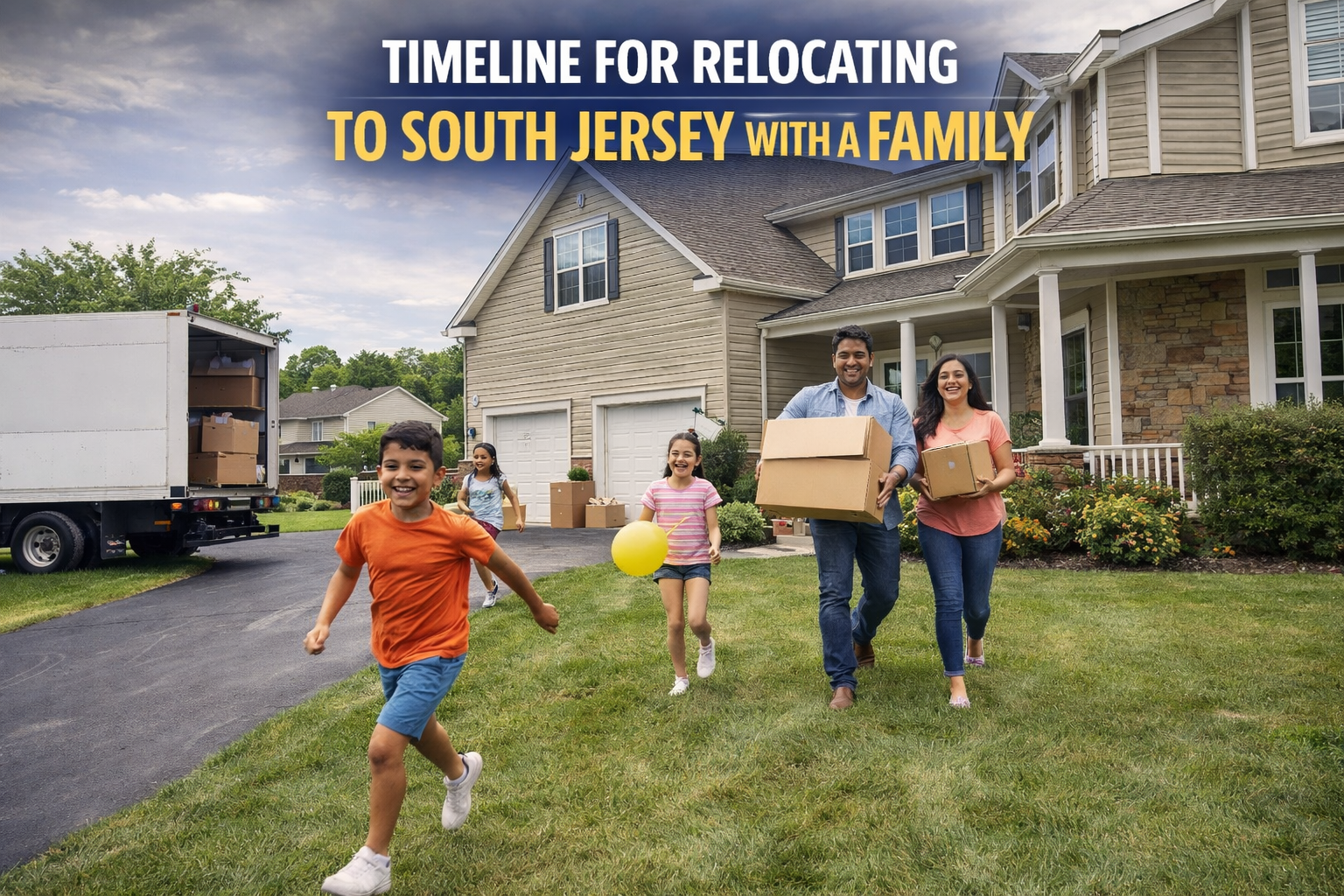 Family moving into a South Jersey suburban home with children playing outside, showing a step-by-step relocation process Overlay Text: “TIMELINE FOR RELOCATING TO SOUTH JERSEY WITH A FAMILY”