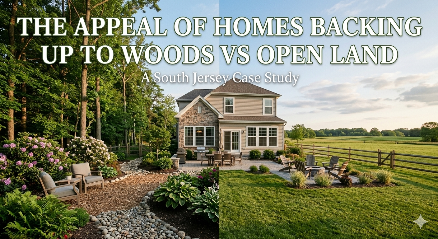 South Jersey home backyard with woods and open land, illustrating privacy and landscape options with Overlay Text: “THE APPEAL OF HOMES BACKING UP TO WOODS VS OPEN LAND”
