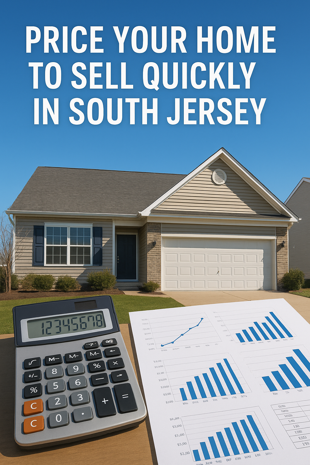 South Jersey home exterior with “For Sale” sign, calculator, and pricing charts, set against a clear blue sky, overlaid with the text: “PRICE YOUR HOME TO SELL QUICKLY IN SOUTH JERSEY”