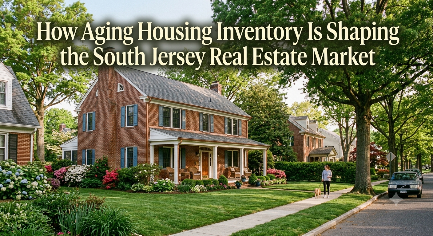 A charming older South Jersey home with mature trees and updated exterior features, illustrating how aging housing inventory is shaping buyer preferences and the local real estate market, overlaid with the text: “How Aging Housing Inventory Is Shaping the South Jersey Real Estate Market.”