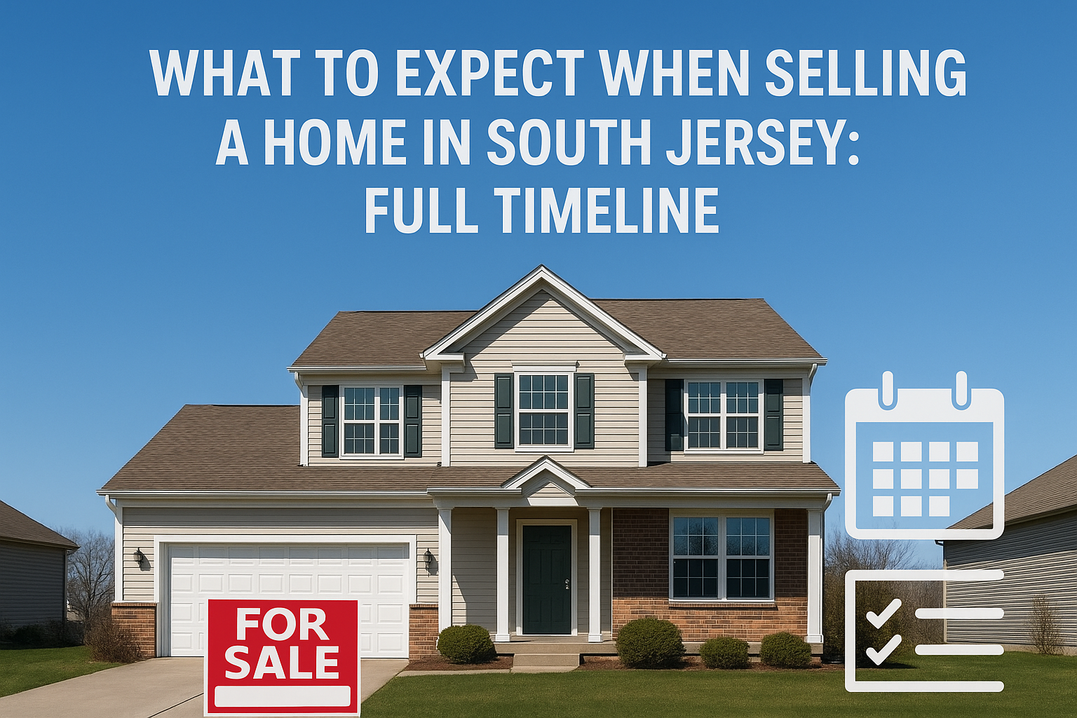 South Jersey home with For Sale sign, calendar, and checklist overlay, set against a clear blue sky, overlaid with the text : “WHAT TO EXPECT WHEN SELLING A HOME IN SOUTH JERSEY: FULL TIMELINE”