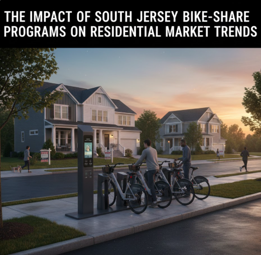 South Jersey neighborhood with bike-share station and nearby homes, highlighting walkability, lifestyle amenities, and increased property desirability with Overlay Text: “THE IMPACT OF SOUTH JERSEY BIKE-SHARE PROGRAMS ON RESIDENTIAL MARKET TRENDS”
