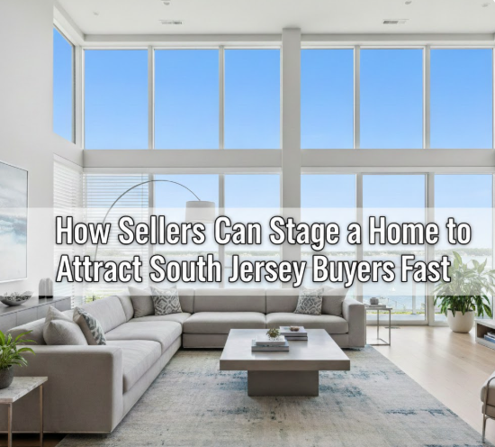 South Jersey home interior with modern staging, set against a clear blue sky, overlaid with the text:“How Sellers Can Stage a Home to Attract South Jersey Buyers Fast”