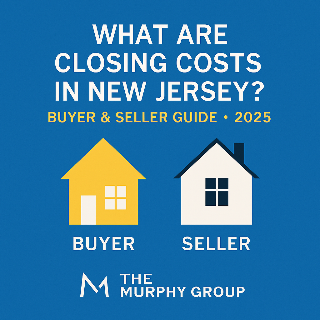 Blue graphic with yellow and white house icons labeled “Buyer” and “Seller,” and bold text reading “What Are Closing Costs in New Jersey? Buyer & Seller Guide 2025,” featuring The Murphy Group logo.