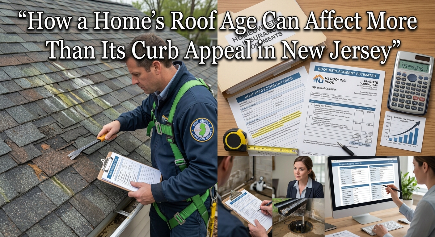 New Jersey home with an aging roof being inspected by a professional, alongside homeowners insurance documents, roof replacement estimates, and a buyer reviewing property records, overlaid with the text: “How a Home’s Roof Age Can Affect More Than Its Curb Appeal in New Jersey”