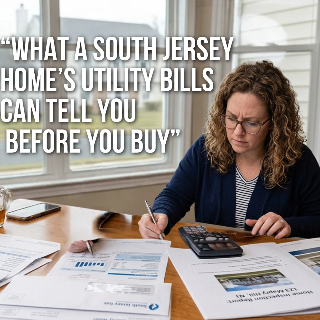 South Jersey homebuyer reviewing electricity, heating, and water utility bills alongside a calculator and home documents, illustrating what a home's utility costs can reveal about energy efficiency, maintenance, and total ownership expenses before buying, overlaid with the text: “What a South Jersey Home’s Utility Bills Can Tell You Before You Buy”