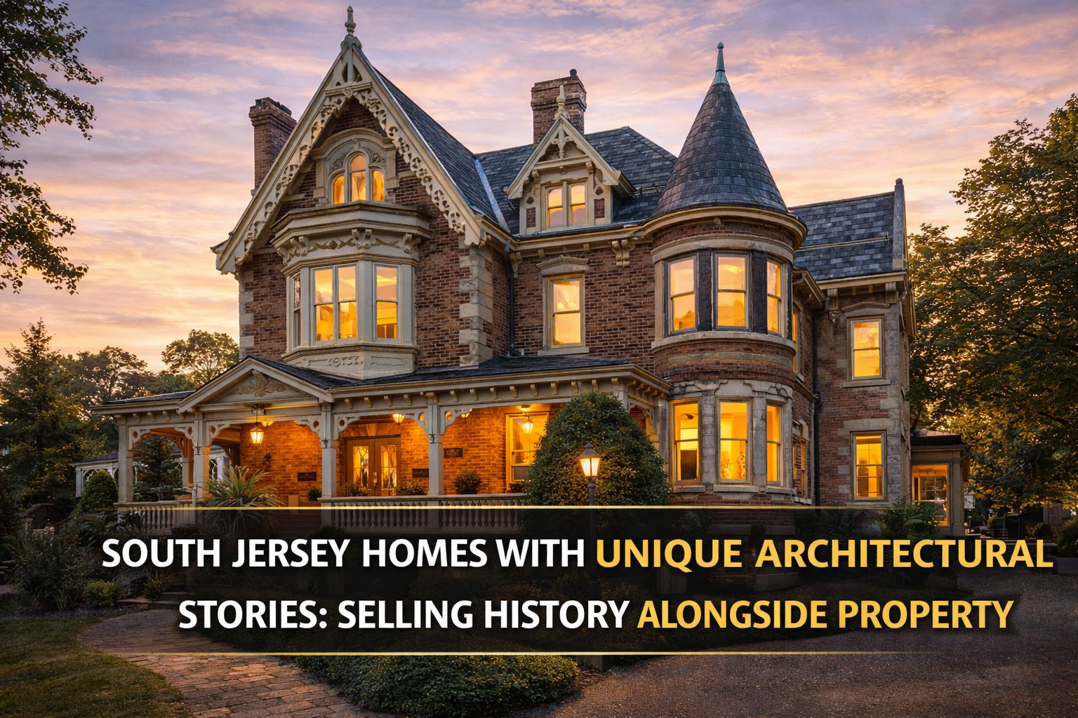 South Jersey historic home with unique architectural details, including gabled roofs and brick façade, emphasizing heritage and storytelling with Overlay Text: “SOUTH JERSEY HOMES WITH UNIQUE ARCHITECTURAL STORIES: SELLING HISTORY ALONGSIDE PROPERTY”