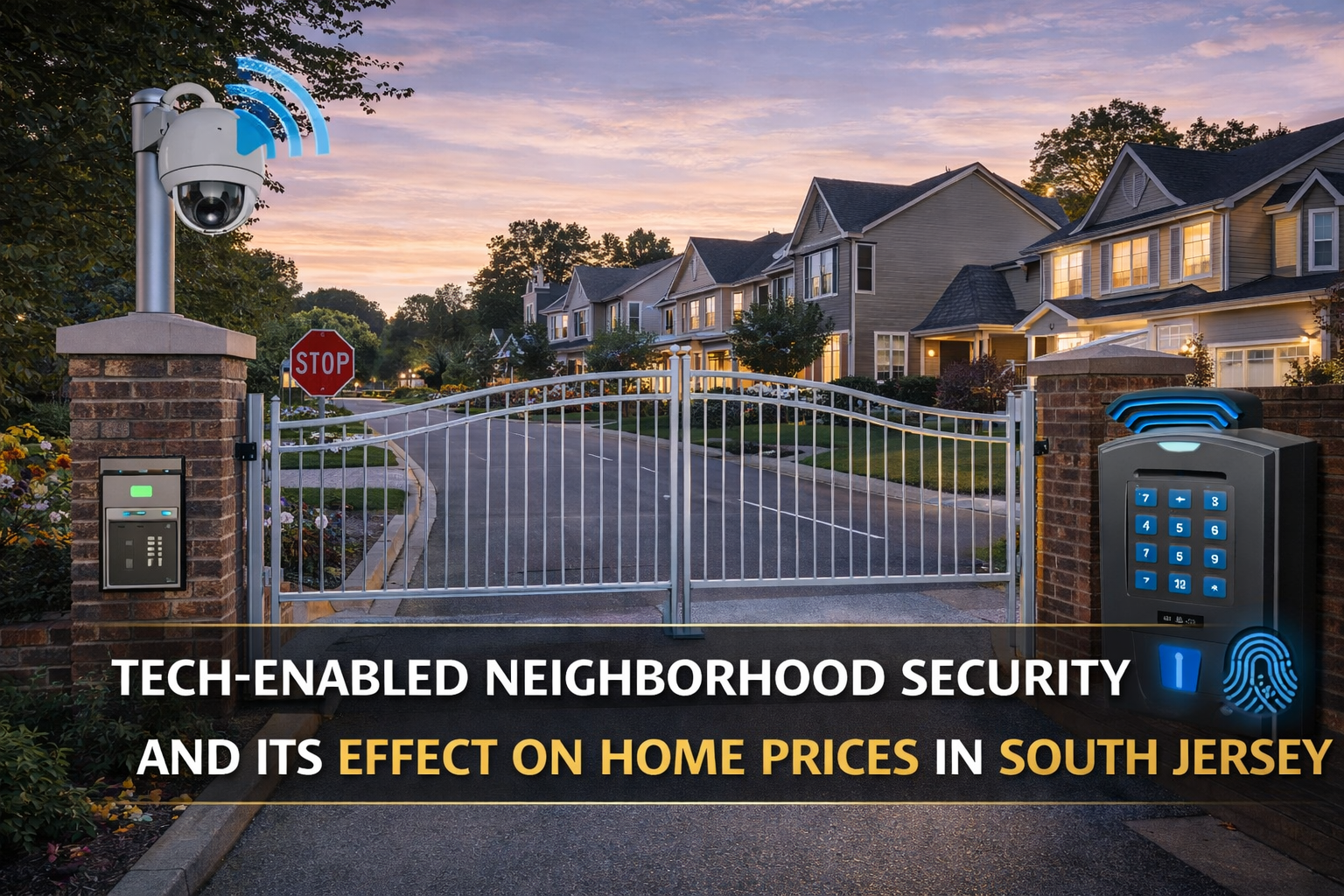 South Jersey neighborhood with tech-enabled security gates and smart surveillance systems, highlighting enhanced safety and property value with Overlay Text: “TECH-ENABLED NEIGHBORHOOD SECURITY AND ITS EFFECT ON HOME PRICES IN SOUTH JERSEY”