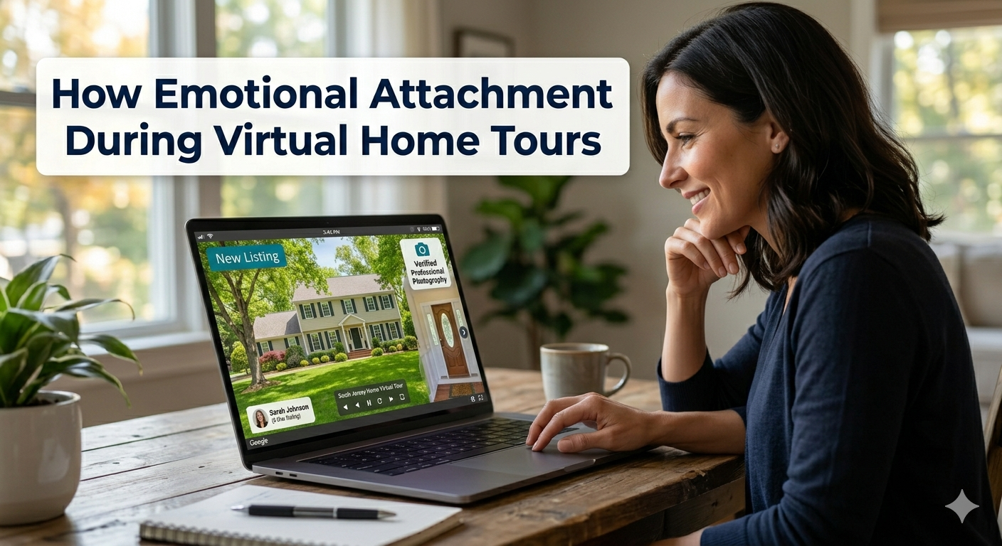 South Jersey home displayed through a virtual 3D tour on a laptop screen with a buyer navigating rooms and forming emotional connection before an in-person visit, overlaid with the text: “How Emotional Attachment Forms During Virtual Home Tours”