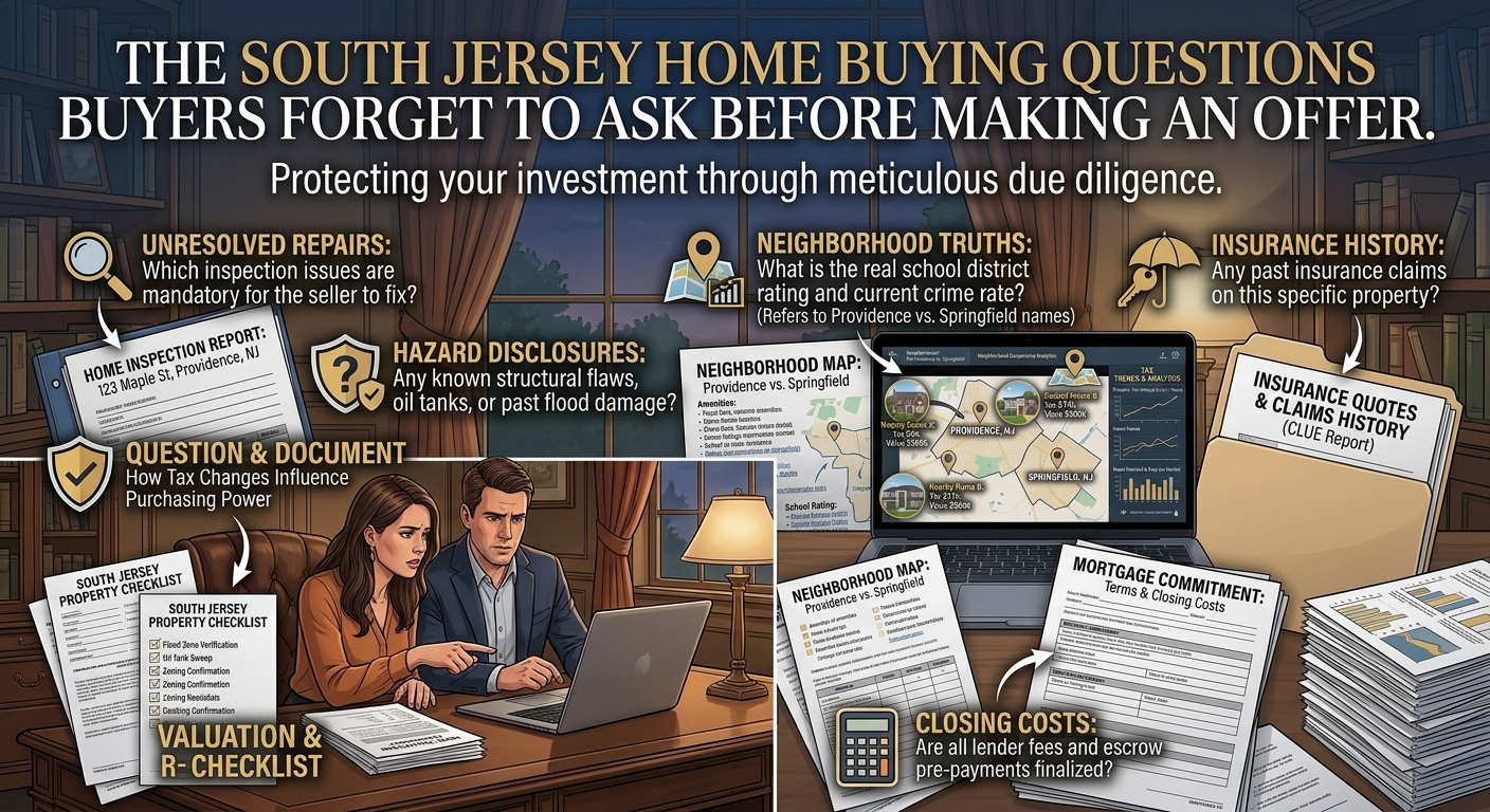  South Jersey homebuyers reviewing a property checklist, inspection report, mortgage documents, insurance information, and neighborhood map before making an offer, illustrating the important questions buyers should ask before purchasing a home, overlaid with the title: “The South Jersey Home Buying Questions Buyers Forget to Ask Before Making an Offer.” 