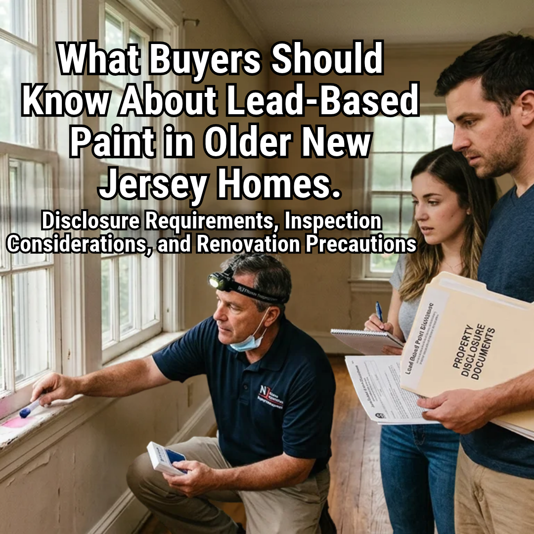 A homebuyer reviewing property disclosure documents with an inspector examining an older New Jersey home's painted window trim, illustrating lead-based paint disclosure requirements, inspection considerations, and renovation precautions, overlaid with the text: “What Buyers Should Know About Lead-Based Paint in Older New Jersey Homes.”