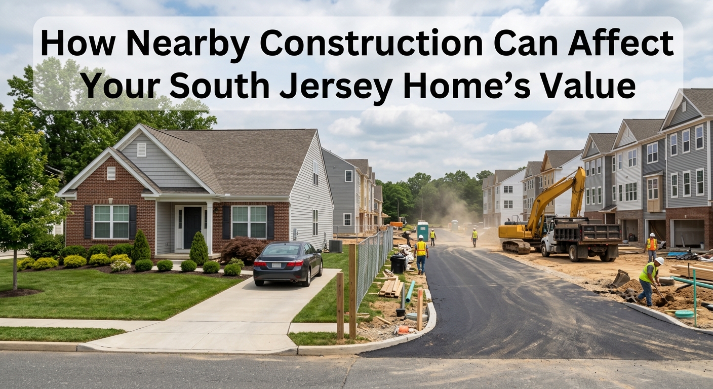 South Jersey home located near an active construction project with new residential buildings, construction equipment, road improvements, and workers in the background, illustrating how nearby development can influence traffic, privacy, neighborhood appeal, buyer demand, and property value, overlaid with the title: “How Nearby Construction Can Affect Your South Jersey Home’s Value 