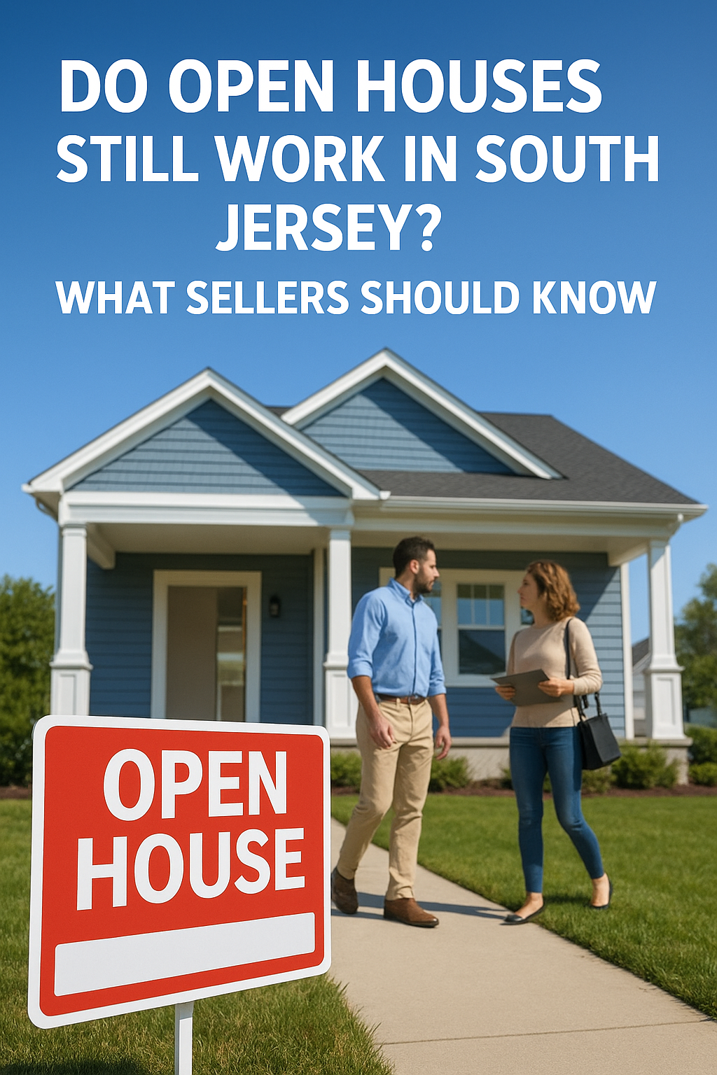 South Jersey home with an open house sign and buyers touring the interior, , set against a clear blue sky, overlaid with the text:“ “DO OPEN HOUSES STILL WORK IN SOUTH JERSEY? WHAT SELLERS SHOULD KNOW”