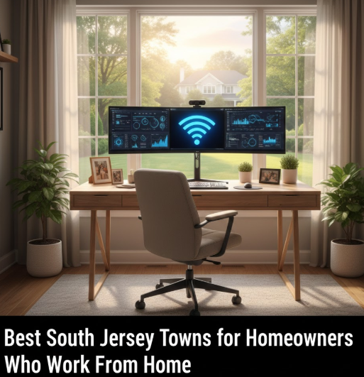 South Jersey home with a bright home office setup, fast internet, and suburban backyard. overlaid text: Best South Jersey Towns for Homeowners Who Work From Home