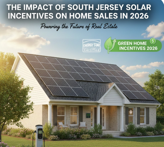 South Jersey home with solar panels on the roof, highlighting energy efficiency and green home incentives for 2026 overlaid with the text: The Impact of South Jersey Solar Incentives on Home Sales in 2026