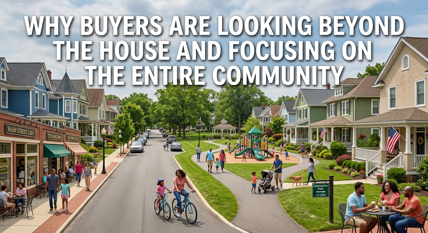 A vibrant South Jersey neighborhood featuring homes, parks, local shops, walking trails, and families enjoying community amenities, illustrating why buyers are looking beyond the house and focusing on the entire community, overlaid with the text: “Why Buyers Are Looking Beyond the House and Focusing on the Entire Community.”