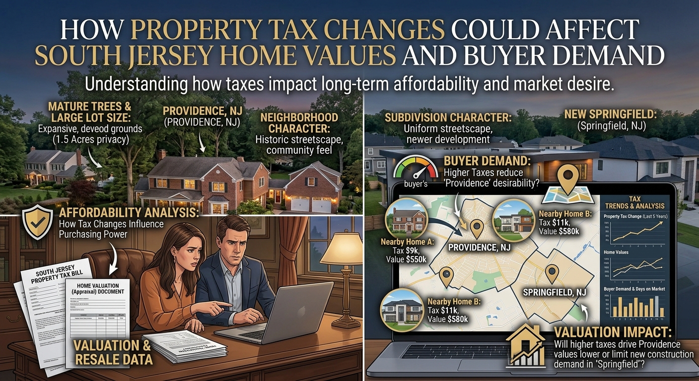 South Jersey homeowner reviewing a property tax bill and home valuation documents while comparing nearby properties on a laptop, illustrating how property tax changes can influence home values, affordability, and buyer demand, overlaid with the title: “How Property Tax Changes Could Affect South Jersey Home Values and Buyer Demand.” 