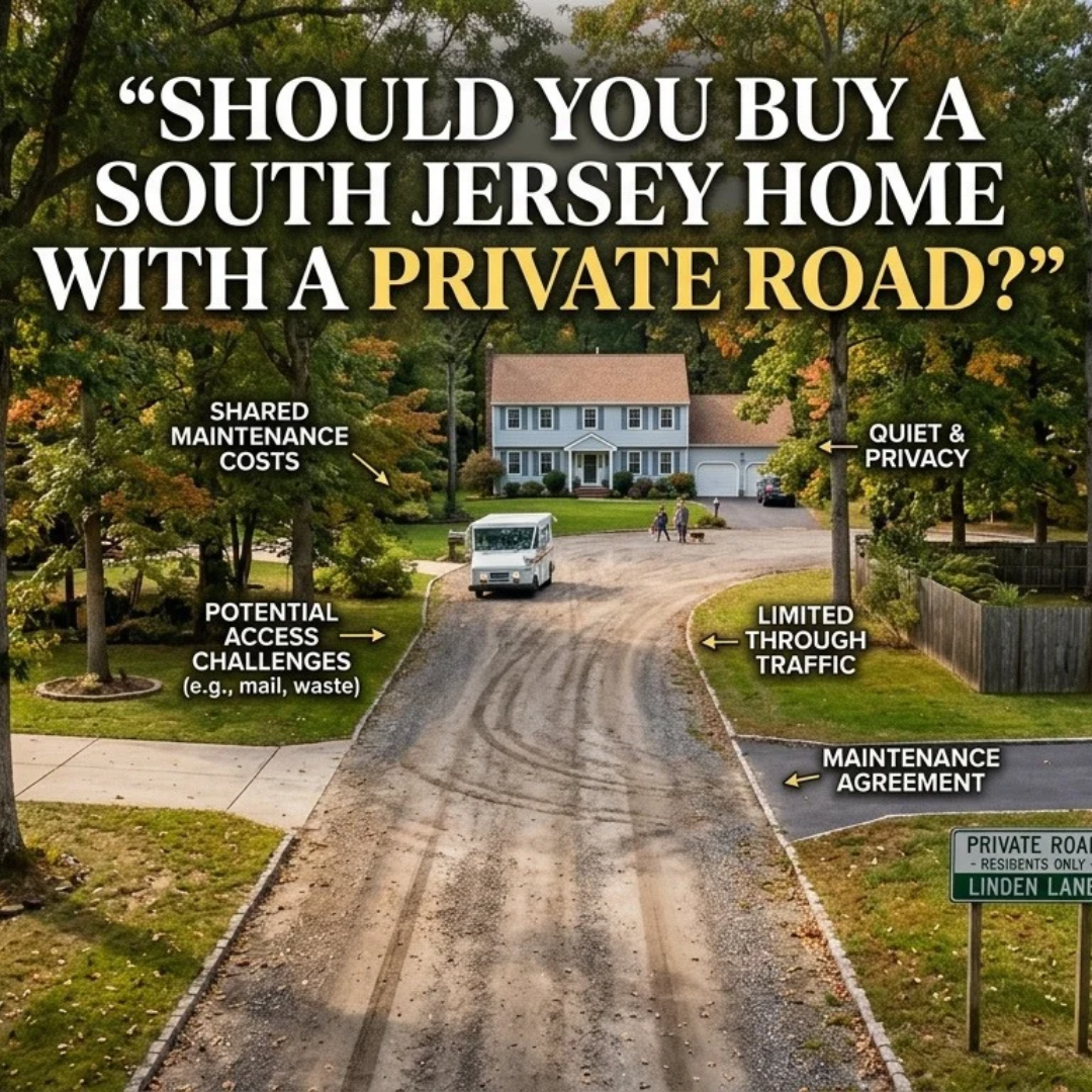  A South Jersey home set back along a quiet private road bordered by trees and neighboring properties, illustrating the benefits and considerations of buying a home with private-road access, overlaid with the exact text: “Should You Buy a South Jersey Home With a Private Road?”
