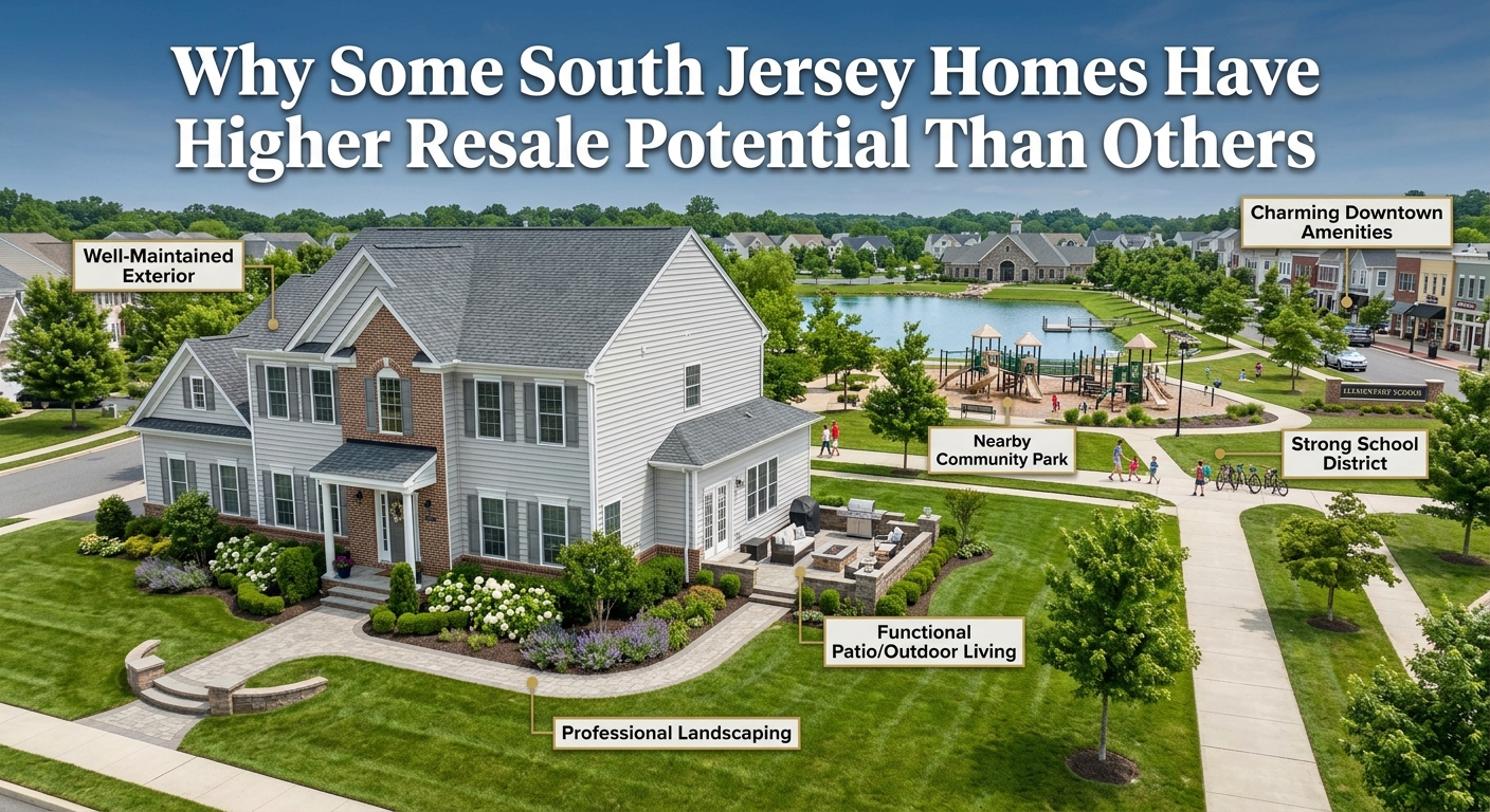 A well-maintained South Jersey home in a desirable neighborhood with attractive landscaping, functional outdoor space, and nearby community amenities, illustrating the factors that can contribute to stronger resale potential, overlaid with the text: “Why Some South Jersey Homes Have Higher Resale Potential Than Others.” 