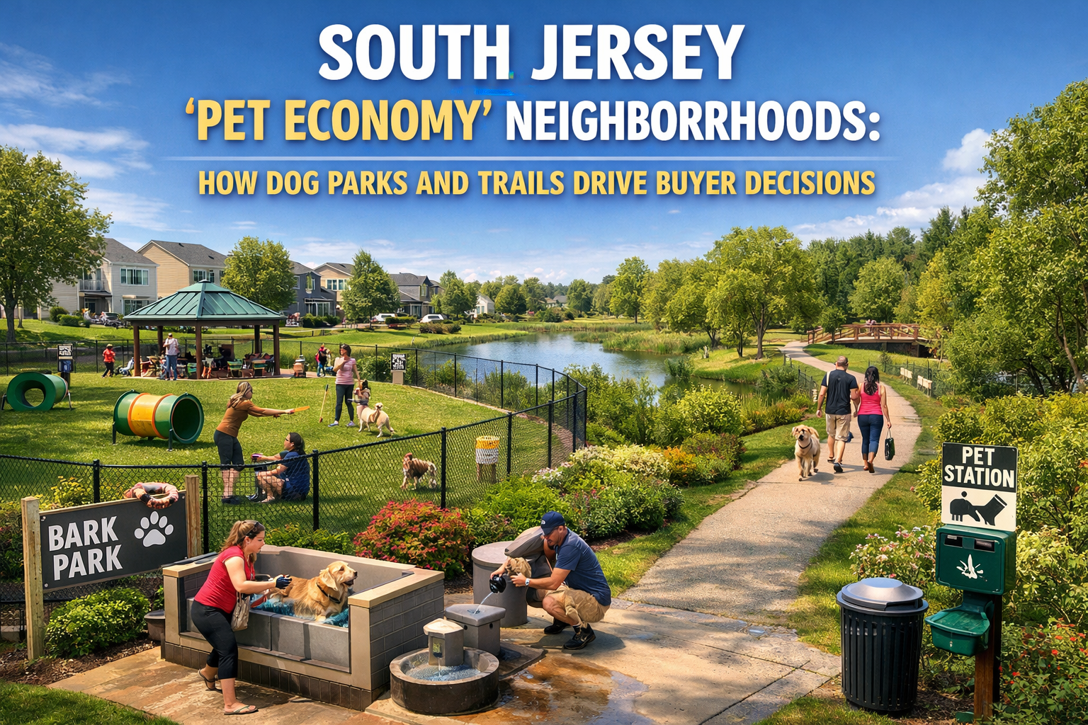 South Jersey neighborhood featuring a dog park, walking trails, and pet-friendly amenities, highlighting lifestyle-driven property appeal with Overlay Text: “SOUTH JERSEY ‘PET ECONOMY’ NEIGHBORHOODS: HOW DOG PARKS AND TRAILS DRIVE BUYER DECISIONS”