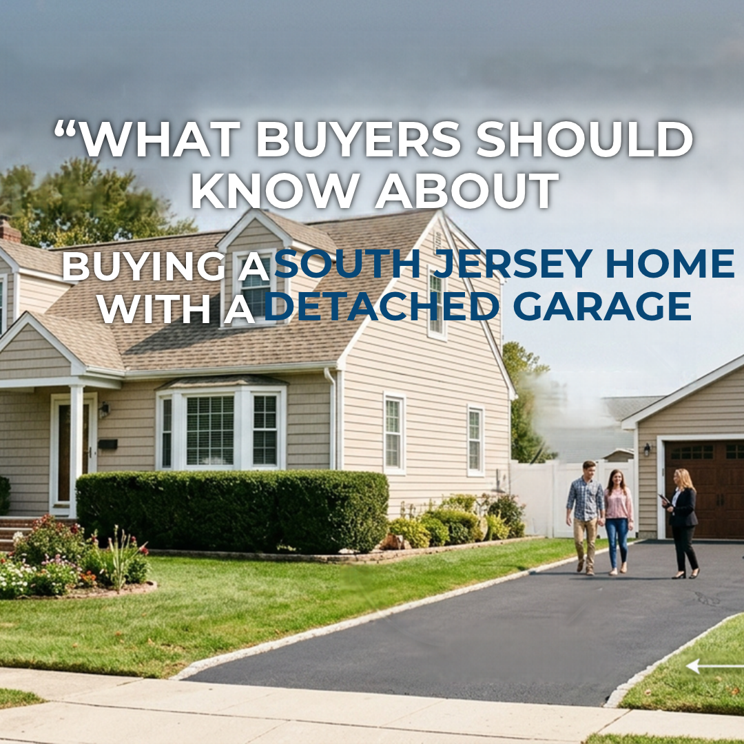  A South Jersey home with a detached two-car garage, a paved driveway, and a well-maintained yard, illustrating the features buyers should evaluate when purchasing a property with a separate garage, overlaid with the text: “What Buyers Should Know About Buying a South Jersey Home With a Detached Garage.” 