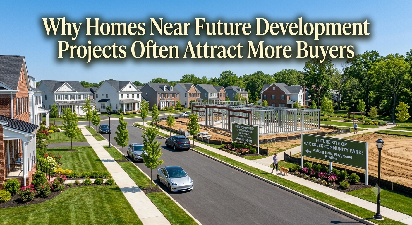 A South Jersey neighborhood with new residential homes, construction of future retail shops, improved roads, and a planned community park, illustrating why homes near future development projects often attract more buyers, overlaid with the text: “Why Homes Near Future Development Projects Often Attract More Buyers 