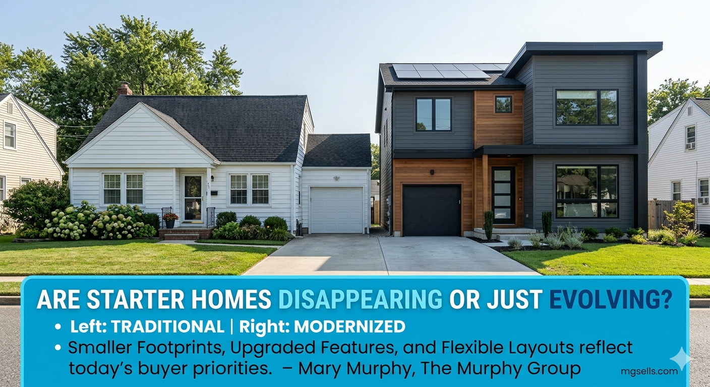 SOCIAL MEDIUA POST:South Jersey starter home with modern updates next to a traditional home, illustrating how starter homes are evolving with Overlay Text: “ARE STARTER HOMES DISAPPEARING OR JUST EVOLVING?”