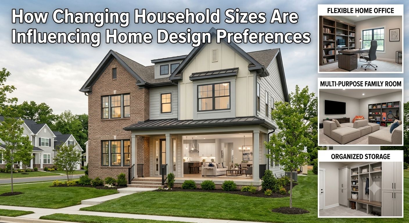 A modern South Jersey home featuring a flexible home office, multi-purpose family room, organized storage, and functional open-concept living area, illustrating how changing household sizes are influencing home design preferences, overlaid with the text: “How Changing Household Sizes Are Influencing Home Design Preferences.”