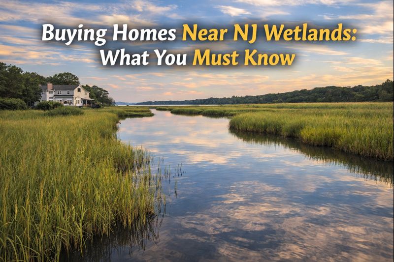 A scenic New Jersey wetland with a home nearby, tall grasses, and a calm waterway reflecting the sky overlai with text: Buying Homes Near NJ Wetlands: What You Must Know