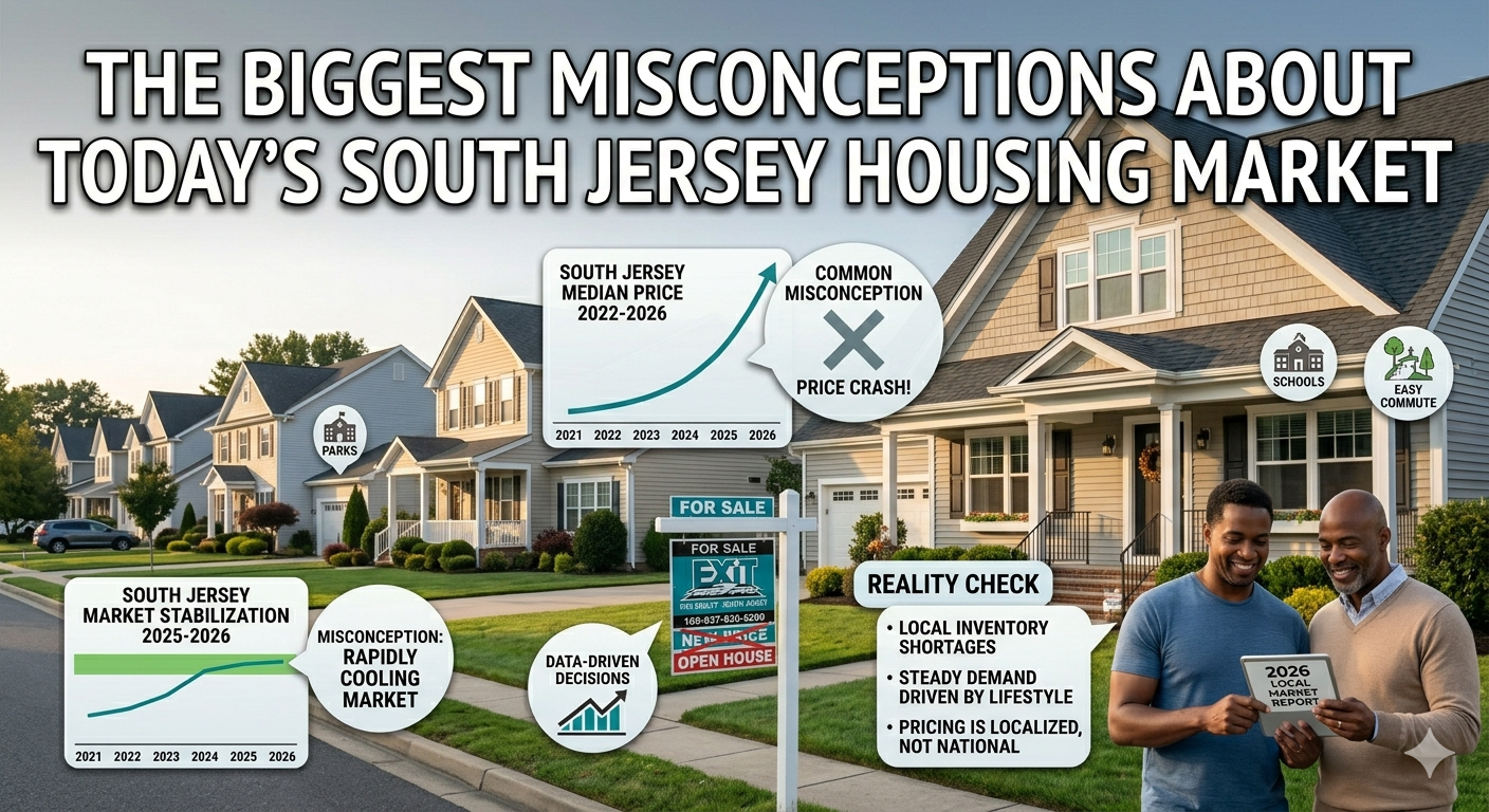 South Jersey suburban homes with overlay graphics showing rising and stabilizing market trends, illustrating common misconceptions about the housing market versus actual local conditions in 2026, overlaid with the text: “The Biggest Misconceptions About Today’s South Jersey Housing Market 
