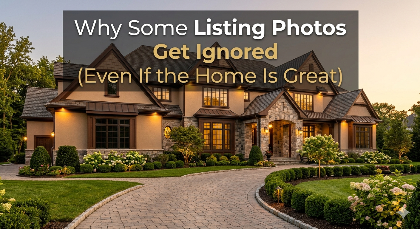 Luxury New Jersey suburban home at golden hour featuring manicured landscaping, elegant exterior architecture, and warm ambient lighting, overlaid with the text: “Why Some Listing Photos Get Ignored (Even If the Home Is Great)”