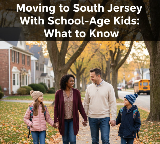 Family with school-age children walking to school in a South Jersey neighborhood overlaid wiTh text: Moving to South Jersey With School-Age Kids: What to Know