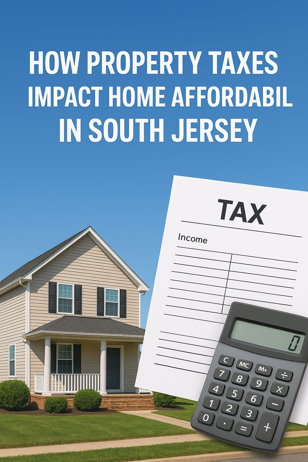 Suburban South Jersey home with a tax form and calculator overlay, by side by side set against a clear blue sky overlaid with text: “HOW PROPERTY TAXES IMPACT HOME AFFORDABILITY IN SOUTH JERSEY