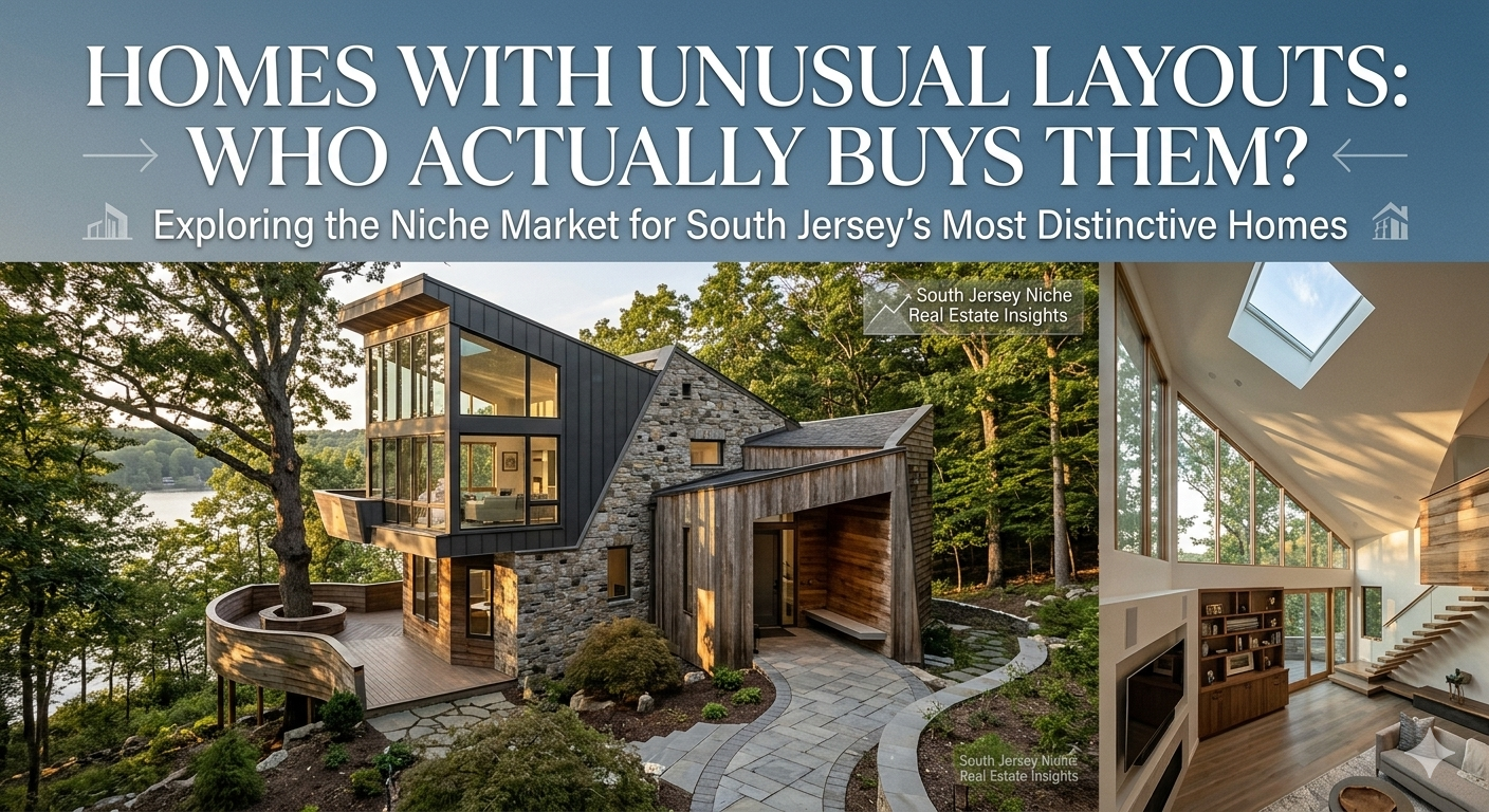 South Jersey home featuring an unusual floor plan and distinctive architectural angles, appealing to niche buyers with Overlay Text: “HOMES WITH UNUSUAL LAYOUTS: WHO ACTUALLY BUYS THEM?”