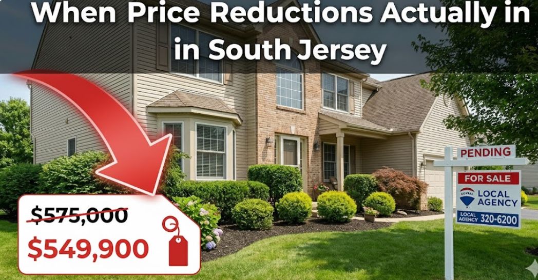 South Jersey suburban home with a “For Sale” sign and an overlay showing a price tag adjustment  overlaid with text: When Price Reductions Actually Work in South Jersey