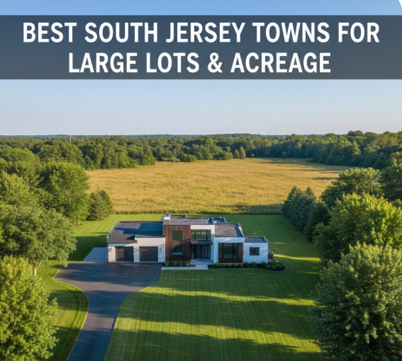 South Jersey home with large lot and open space, surrounded by trees and greenery, showcasing acreage property with Overlay Text: “BEST SOUTH JERSEY TOWNS FOR LARGE LOTS & ACREAGE”