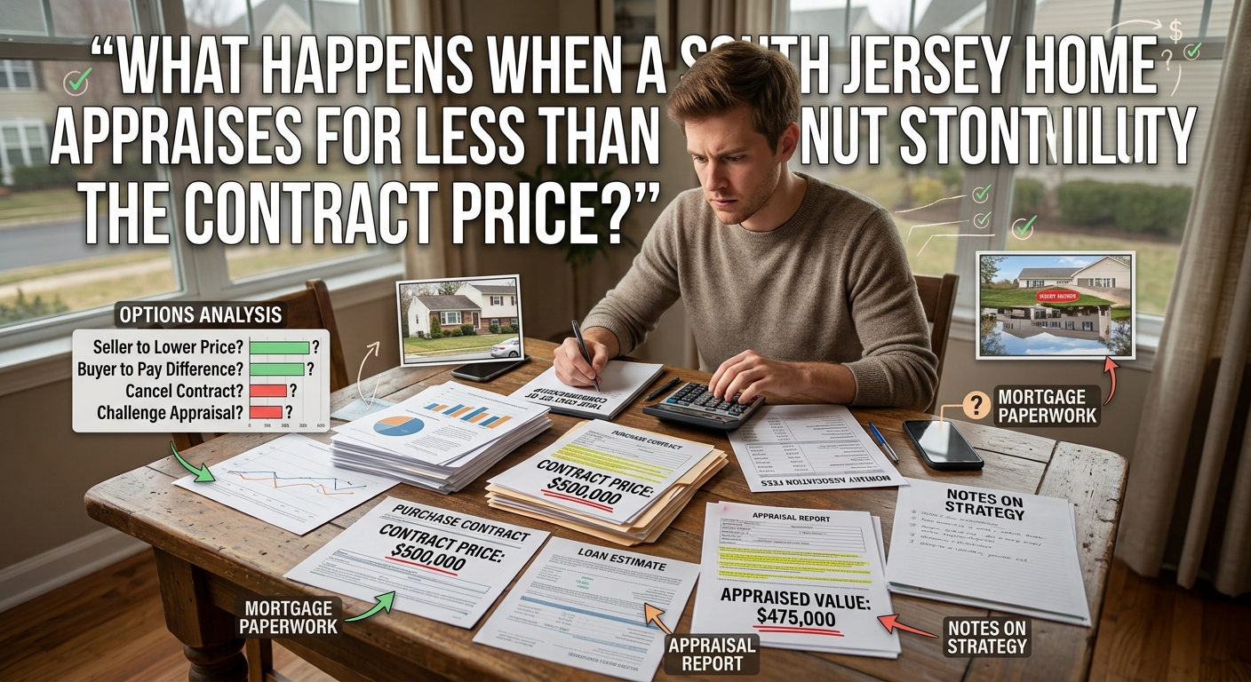 South Jersey home purchase documents showing a contract price next to a appraisal, with a buyer, seller, calculator, and mortgage paperwork, overlaid with the text: “What Happens When a South Jersey Home Appraises for Less Than the Contract Price?