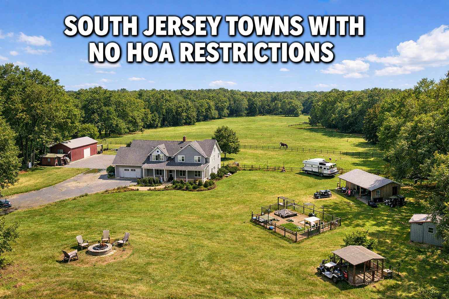 South Jersey home with large lot and open space, surrounded by trees and greenery, showcasing a no-HOA property with flexible land use Overlay Text: “SOUTH JERSEY TOWNS WITH NO HOA RESTRICTIONS”
