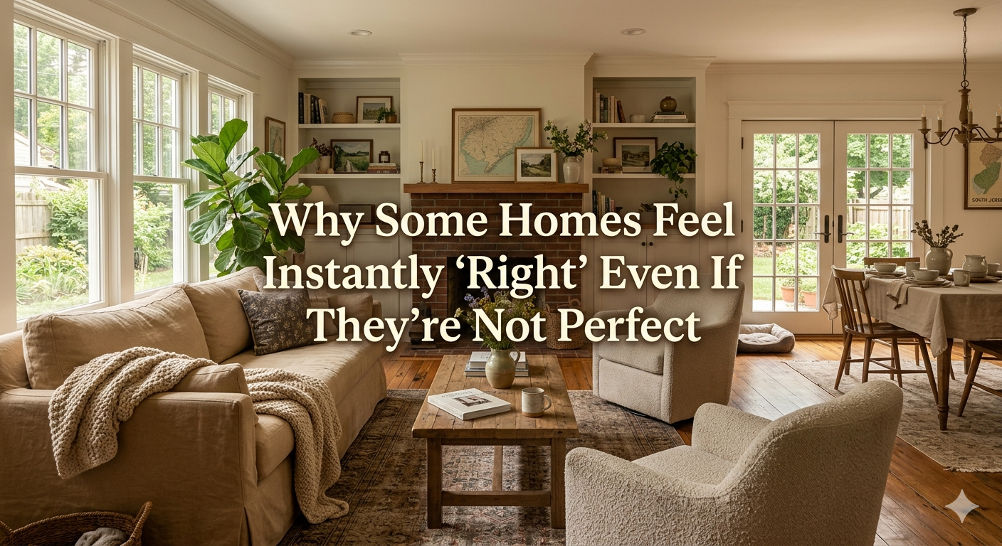  Warm and inviting South Jersey home interior filled with natural light, comfortable furnishings, and welcoming design elements that create an immediate emotional connection for buyers, overlaid with the text: “Why Some Homes Feel Instantly ‘Right’ Even If They’re Not Perfect”