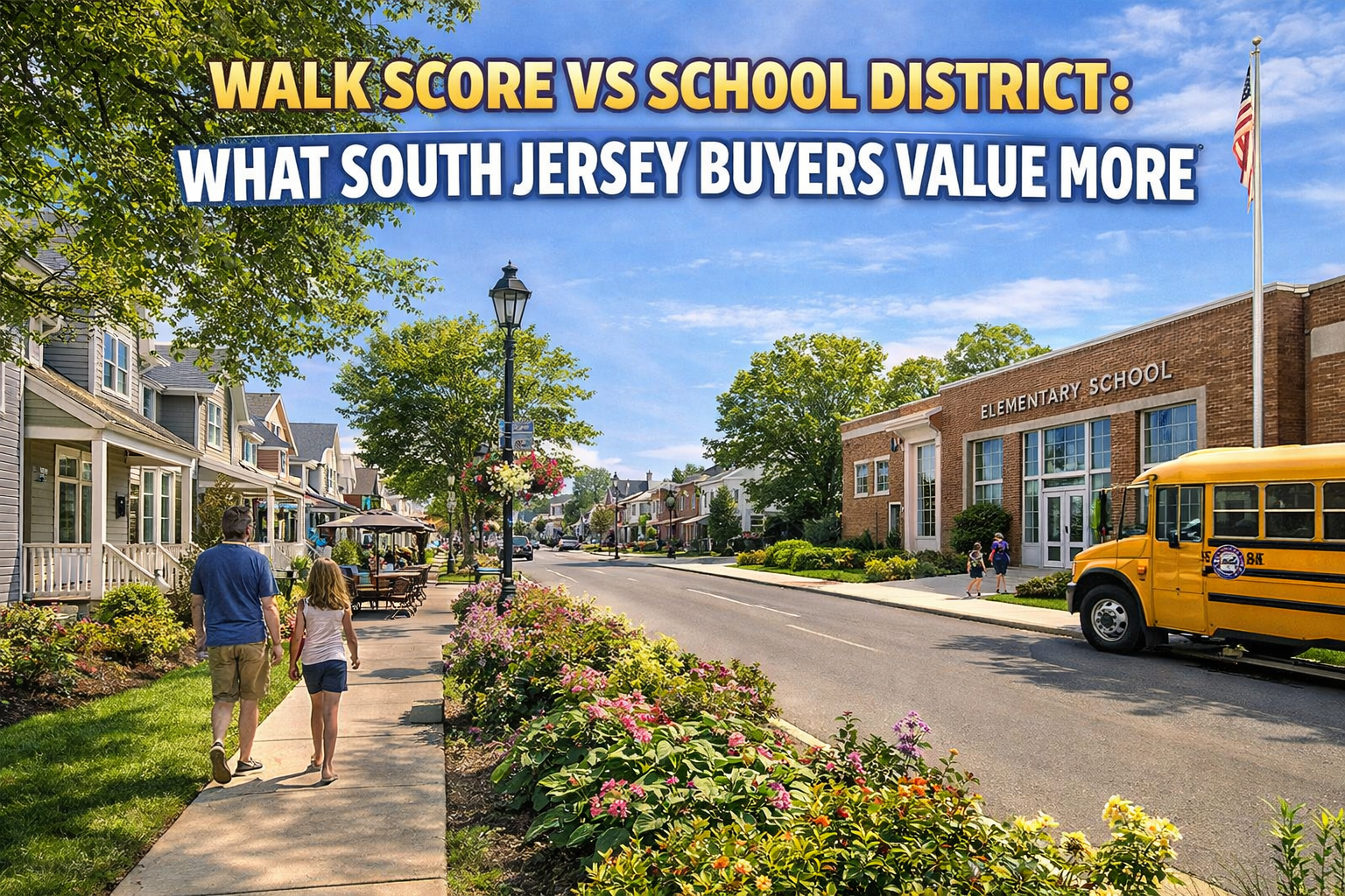South Jersey neighborhood with walkable sidewalks, nearby shops, and local school, highlighting buyer decision between walkability and school district with Overlay Text: “WALK SCORE VS SCHOOL DISTRICT: WHAT SOUTH JERSEY BUYERS VALUE MORE”