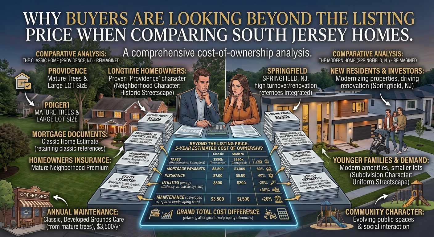 South Jersey homebuyers comparing two properties with a calculator, mortgage documents, property tax information, insurance estimates, utility bills, and maintenance costs, illustrating why buyers look beyond listing price when evaluating homes, overlaid with the title: “Why Buyers Are Looking Beyond the Listing Price When Comparing South Jersey Homes.” 