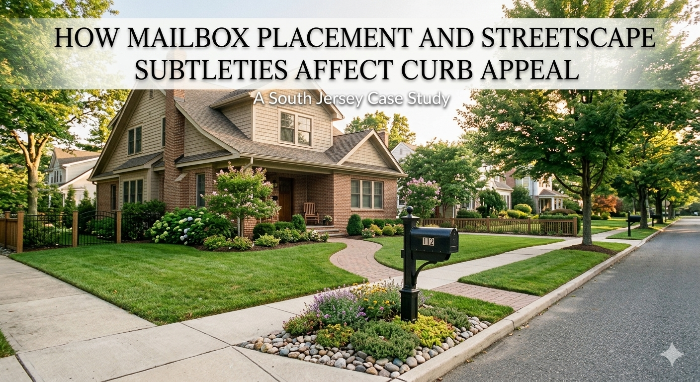 South Jersey home with attractive mailbox placement and landscaped streetscape, highlighting curb appeal factors with Overlay Text: “HOW MAILBOX PLACEMENT AND STREETSCAPE SUBTLETIES AFFECT CURB APPEAL”