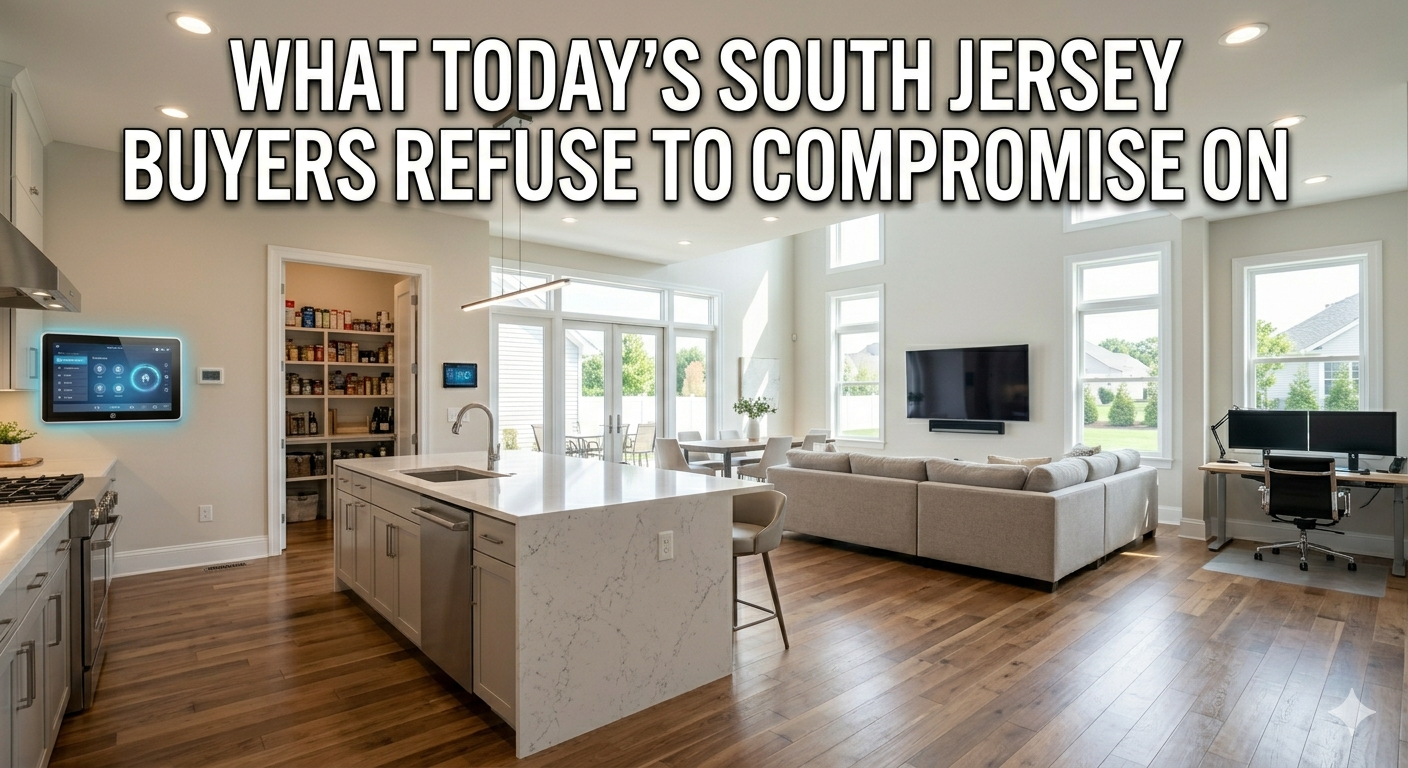 Bright South Jersey home interior with open layout, natural light, and modern kitchen showing key features buyers refuse to compromise on, overlaid with the text: “What Today’s South Jersey Buyers Refuse to Compromise On”