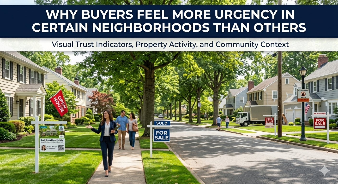 South Jersey neighborhood street view showing well-maintained homes, tree-lined sidewalks, and subtle “for sale” activity illustrating varying levels of buyer urgency across different communities, overlaid with the text: “Why Buyers Feel More Urgency in Certain Neighborhoods Than Others”
