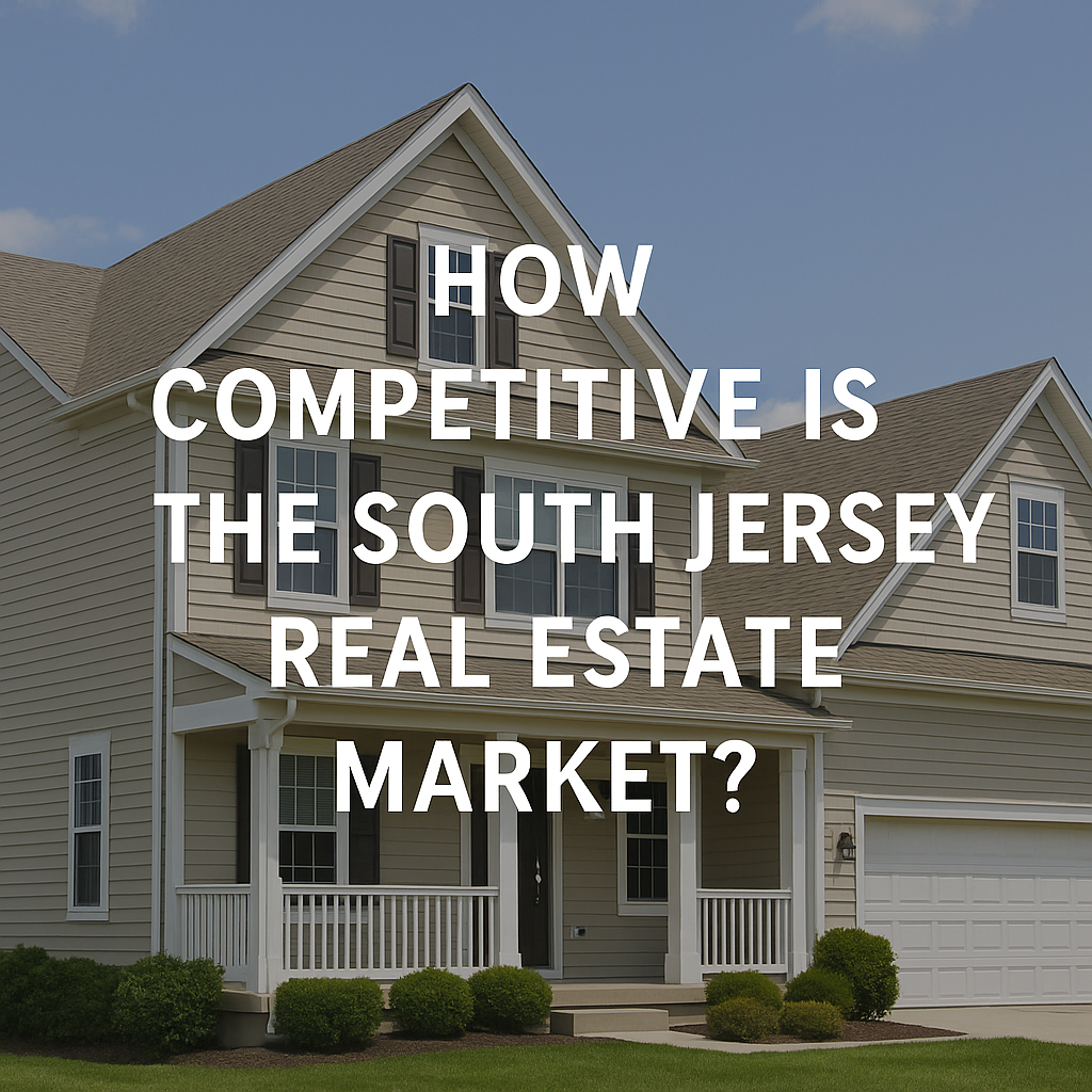A beige suburban home in South Jersey with white trim and manicured landscaping under a bright blue sky, overlaid with the text “How Competitive Is the South Jersey Real Estate Market?”