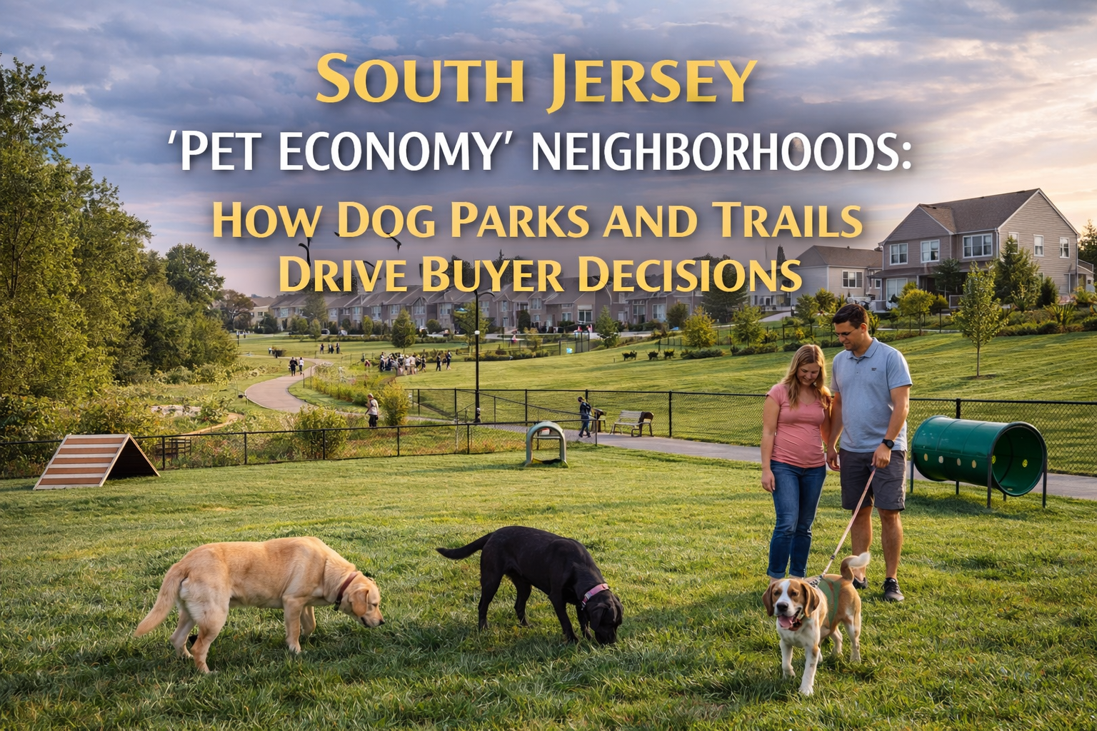 South Jersey neighborhood featuring a dog park and walking trails near residential homes, highlighting lifestyle-focused property appeal with Overlay Text: “SOUTH JERSEY ‘PET ECONOMY’ NEIGHBORHOODS: HOW DOG PARKS AND TRAILS DRIVE BUYER DECISIONS”