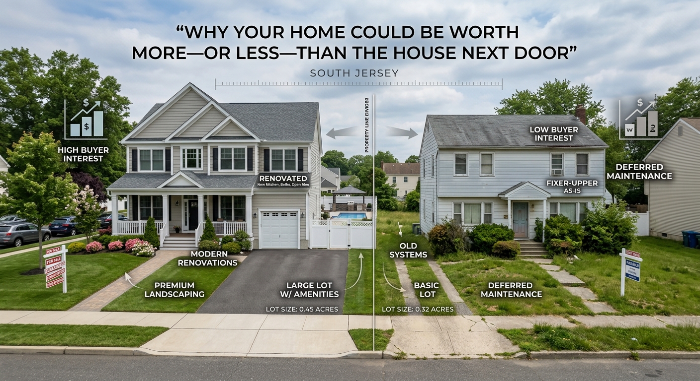 Two neighboring South Jersey homes with different landscaping, renovations, lot sizes, curb appeal, and buyer interest, illustrating why one property could be worth more or less than the house next door, overlaid with the text: “Why Your Home Could Be Worth More—or Less—Than the House Next Door 