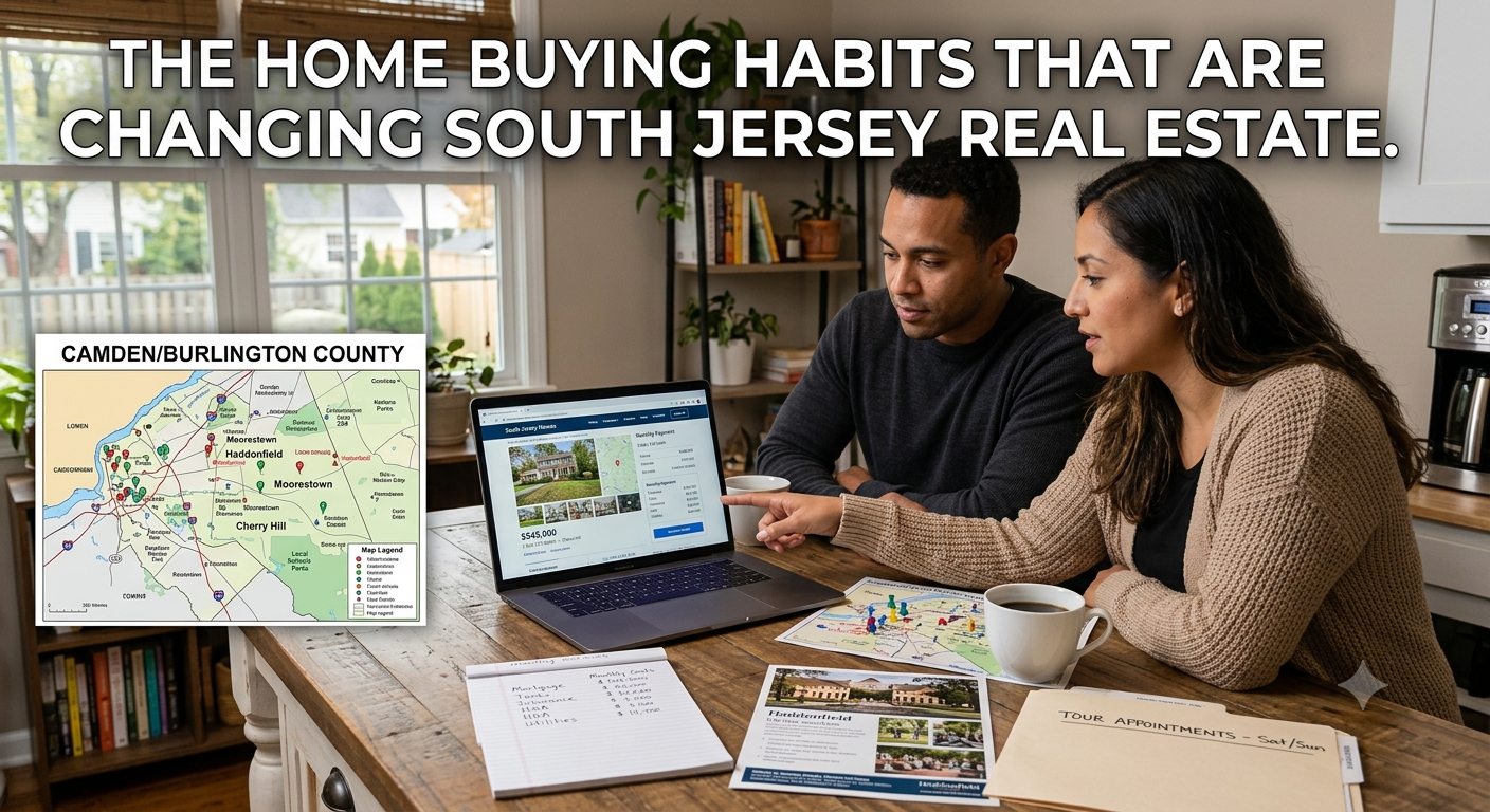 A South Jersey couple reviewing home listings on a laptop while comparing neighborhood maps, monthly housing costs, and lifestyle amenities before touring a property, illustrating the home buying habits changing South Jersey real estate, overlaid with the text: “The Home Buying Habits That Are Changing South Jersey Real Estate.” 