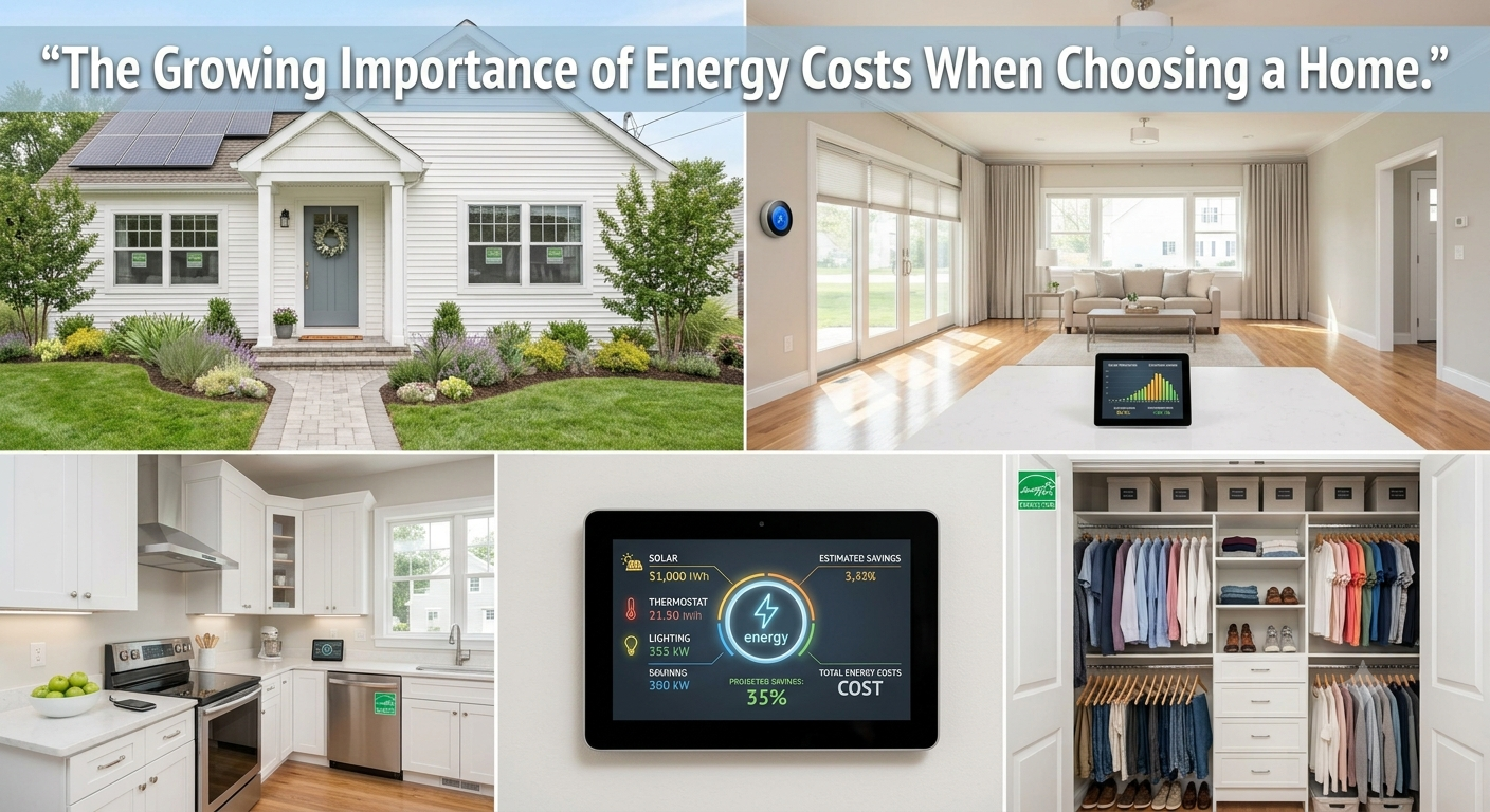 A modern South Jersey home featuring energy-efficient windows, smart thermostat controls, abundant natural light, and well-maintained landscaping, illustrating the growing importance of energy costs when choosing a home, overlaid with the text: “The Growing Importance of Energy Costs When Choosing a Home.” 
