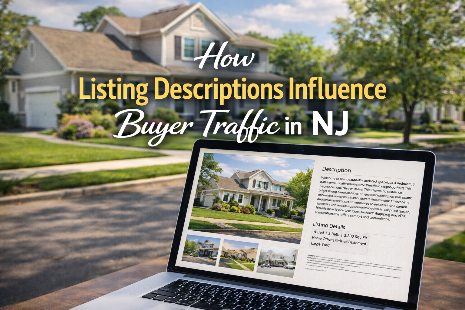 A New Jersey suburban home with a laptop showing a real estate listing, highlighting description and listing details overlaid with text: How Listing Descriptions Influence Buyer Traffic in NJ